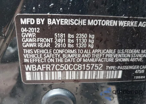 2012 BMW 535I from USA, damaged, VIN WBAFR7C50CC815752